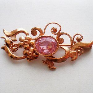 Vintage Russian Soviet USSR 14K 583 Rose Pink Gold Pink Tourmaline Brooch Pin